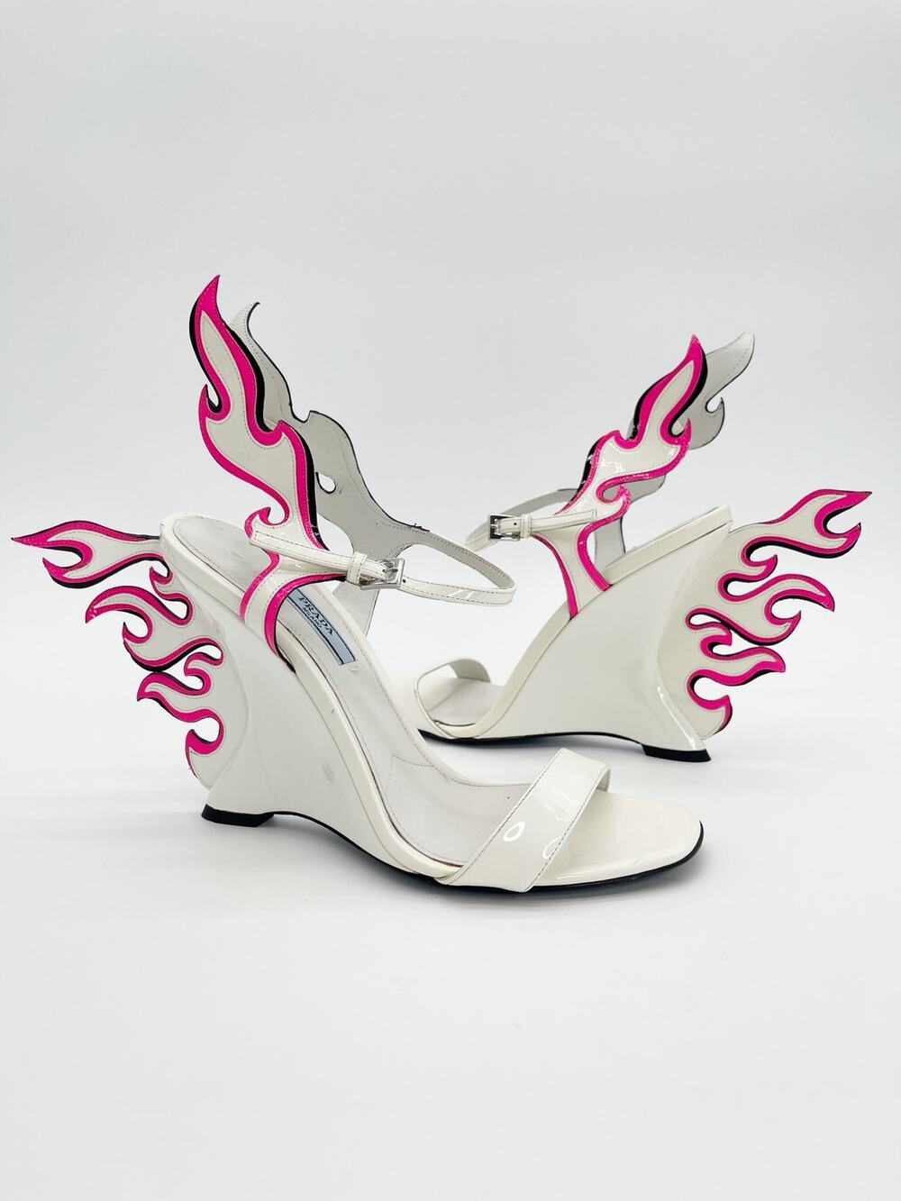 Prada Flame Wedge Sandals White Patent Neon Pink 2018 Reissue Hotrod Heels IT 38